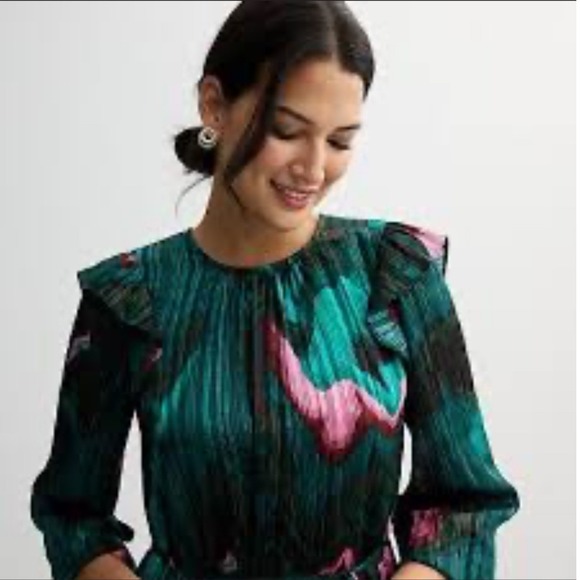 Nine West Ruffle Sleeve Blouson Mini Dress Women Medium Green Whimsigoth Shimmer - Picture 3 of 15